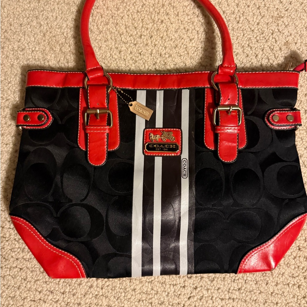 Coach Black Tote with Red Trim and White Racing Stripes